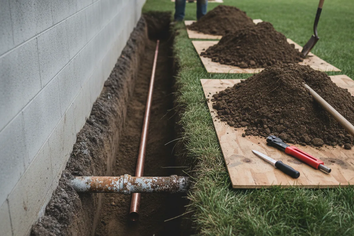 Excavated water line trench during Water Softener Installation in Valier